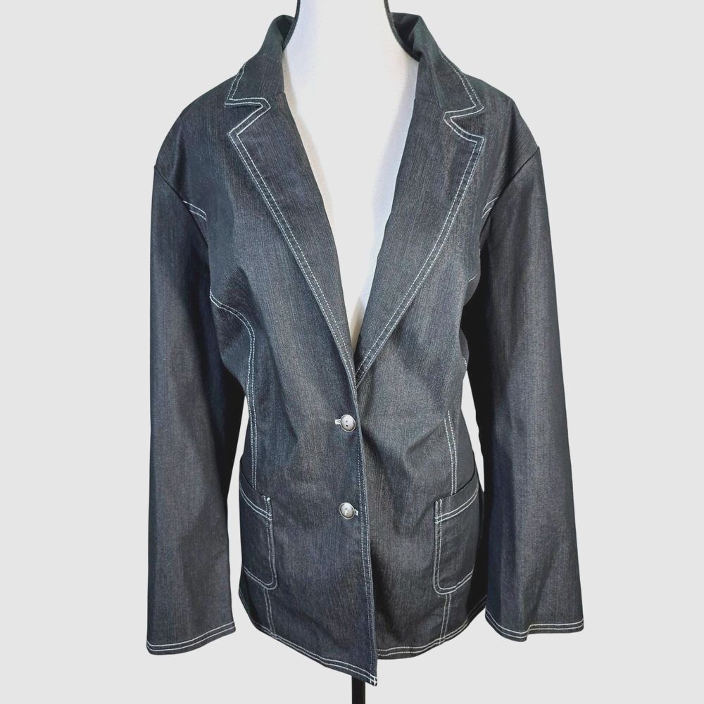 VTG 90s Clio II Black Denim Blazer Jacket 16 Made in USA Contrast Stitch Retro